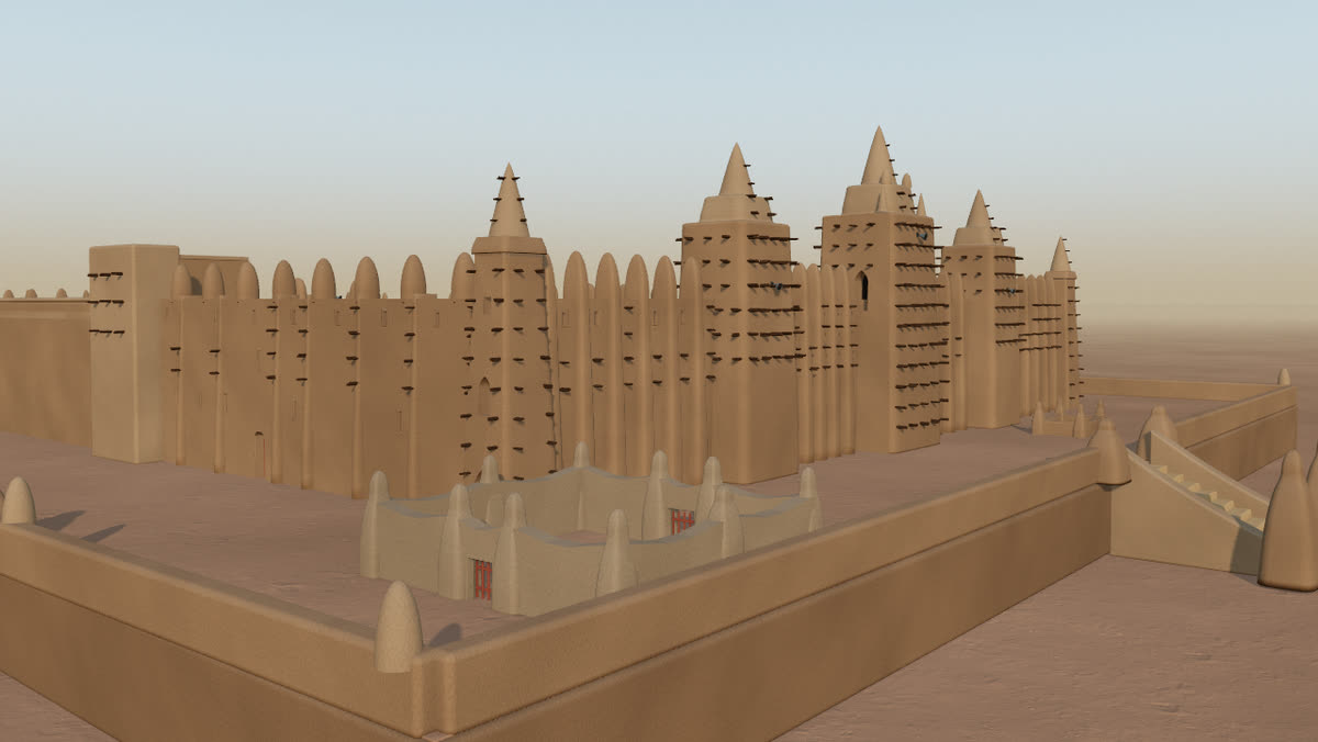 The 3D rebuild of the Great Mosque of Djenné in golden light, seen from the corner of its enclosure.