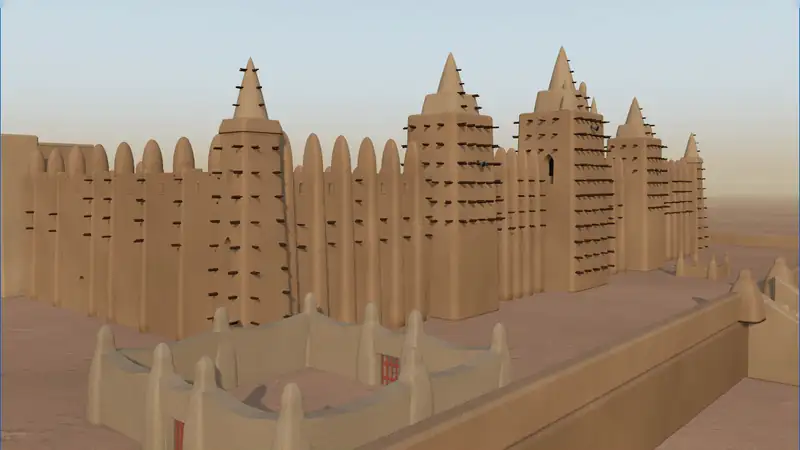 Animation: the camera slowly moves along the front of the 3D mosque.