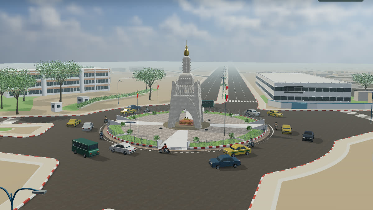The 3D Monument de l'Indépendance on its roundabout, with cars, a green minibus and trees around it.