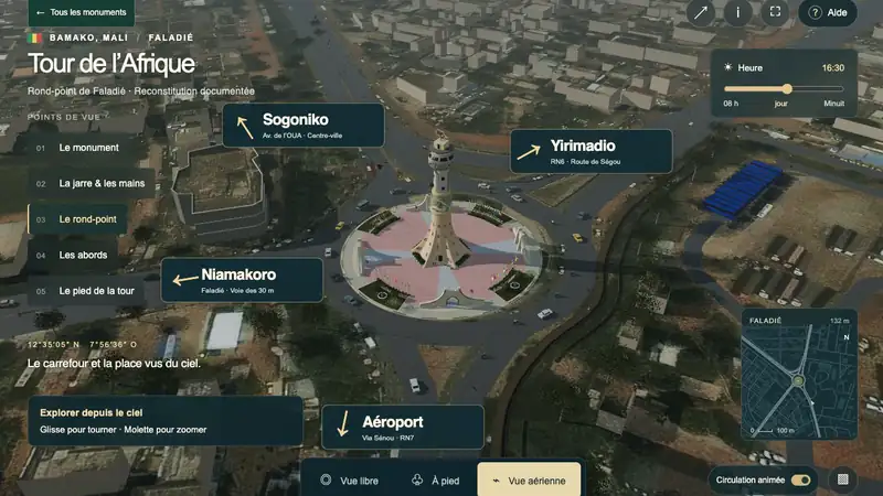 Animation: cars driving around the Faladié roundabout, seen from above.